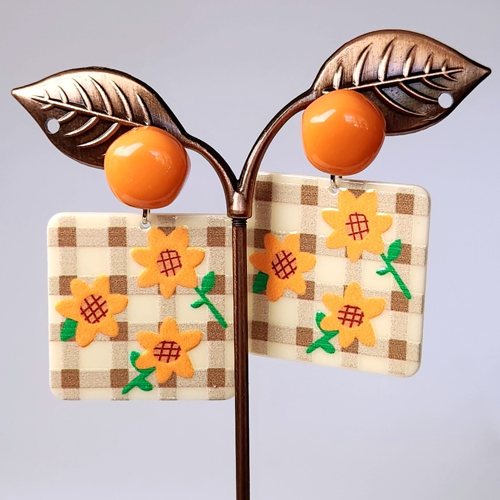 Orange Sunflower Gingham Plaid Square Drop Earrings Retro Kitsch Statement 2.0"